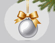 © Ouahdou - Silver bright ball isolated on white background. Vector illustration. Merry Christmas and Happy New Year 2022 sphere decoration hanging with gold ribbon bow. Holiday Xmas toy bauble for fir tree