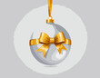 © Ouahdou - Silver bright ball isolated on white background. Vector illustration. Merry Christmas and Happy New Year 2022 sphere decoration hanging with gold ribbon bow. Holiday Xmas toy bauble for fir tree