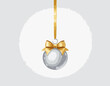 © Ouahdou - Silver bright ball isolated on white background. Vector illustration. Merry Christmas and Happy New Year 2022 sphere decoration hanging with gold ribbon bow. Holiday Xmas toy bauble for fir tree