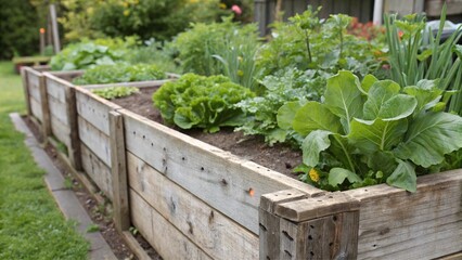 Wall Mural - Wooden Raised Bed of Organic Vegetables and Herbs Produce, Homegrown Garden, Sustainable Living