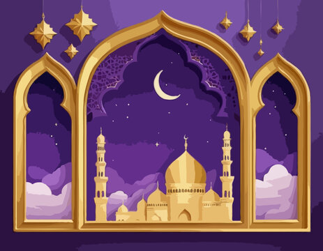 Ramadan Kareem concept poster, gold 3d frame template, arab window on violet background, arabesque pattern. Vector illustration. Place for text. Mosque landscape view in clouds, night stars