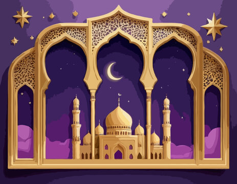 Ramadan Kareem concept poster, gold 3d frame template, arab window on violet background, arabesque pattern. Vector illustration. Place for text. Mosque landscape view in clouds, night stars