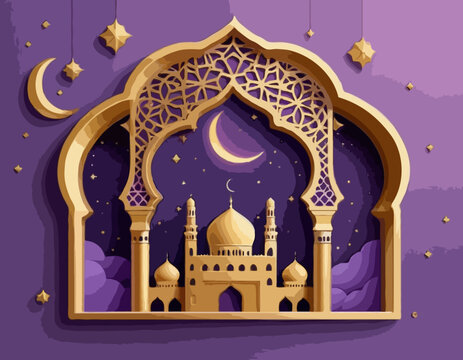 Ramadan Kareem concept poster, gold 3d frame template, arab window on violet background, arabesque pattern. Vector illustration. Place for text. Mosque landscape view in clouds, night stars