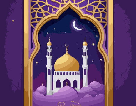 Ramadan Kareem concept poster, gold 3d frame template, arab window on violet background, arabesque pattern. Vector illustration. Place for text. Mosque landscape view in clouds, night stars