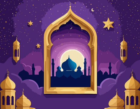Ramadan Kareem concept poster, gold 3d frame template, arab window on violet background, arabesque pattern. Vector illustration. Place for text. Mosque landscape view in clouds, night stars