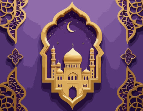 Ramadan Kareem concept poster, gold 3d frame template, arab window on violet background, arabesque pattern. Vector illustration. Place for text. Mosque landscape view, desert oasis