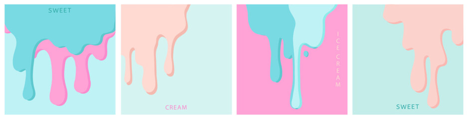 Wall Mural - Melting creamy liquid squre posters set. Pastel pink and turquoise colors. Ice cream sweet topping dessert close up dripping down to the bottom edge. Flat lay banner template. Minimalist style vector