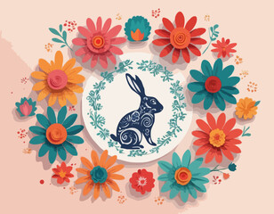 Poster - Chinese zodiac signs in circles, paper cut colorful flowers, posters set. Vector illustration. Place for your Text. 2023 New year of Rabbit