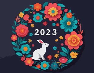Poster - Chinese zodiac signs in circles, paper cut colorful flowers, posters set. Vector illustration. Place for your Text. 2023 New year of Rabbit