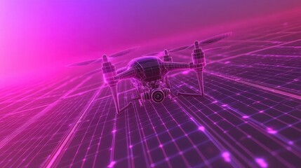 Wall Mural - Futuristic drone flying over a digital grid landscape.