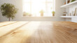 © romanets_v - Sunlit wooden table surface in bright room with plants and shelves