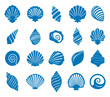 © MicroOne - Seashells blue icons set. Limpets scallops clams spiral conch gastropods crab marine shells. Undersea life nature nautical summer exotic design elements. Simple flat style isolated vector clipart