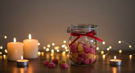 Poster - A valentine day mason jar on wooden table with romantic candles and fairy lights and some small multicolor heart shaped candy in beautifully decorated jar jar of heart shaped candies