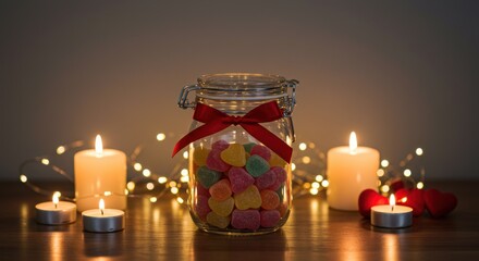 Poster - A valentine day mason jar on wooden table with romantic candles and fairy lights and some small multicolor heart shaped candy in beautifully decorated jar jar of heart shaped candies