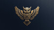 © youriy - Golden owl emblem with spread wings and intricate details on a navy blue background symbolizing wisdom and elegance