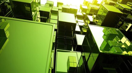 Poster - Abstract Green Cubes: A 3D Rendering of Shiny, Interlocking Geometric Shapes