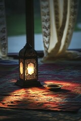 Wall Mural - Ornate lantern glows, small dish nearby, patterned rug.