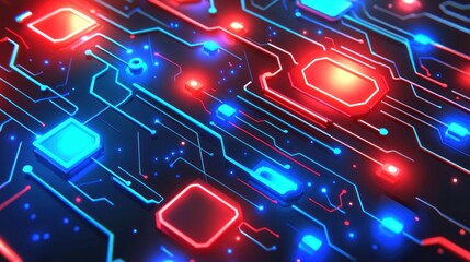 Poster - Illuminated Abstract Circuit Pattern with Blue and Red Accents in High-Detail Visual Design