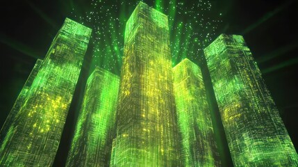Poster - Futuristic Green Cityscape with Digital Effects Illuminating Skyscrapers