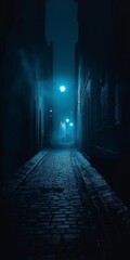Wall Mural - A dark alleyway with a blue sky above. The street is empty and quiet. The streetlights are lit up, casting a blue glow on the cobblestone