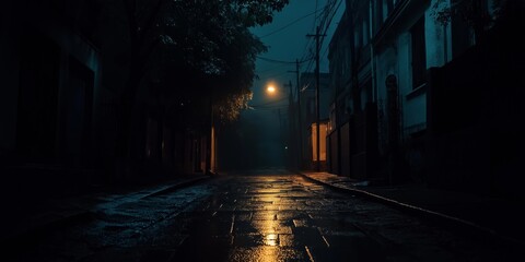 Wall Mural - A dark street with a street light shining on the wet pavement