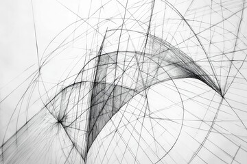 Abstract monochrome drawing, intersecting lines, geometric shapes.