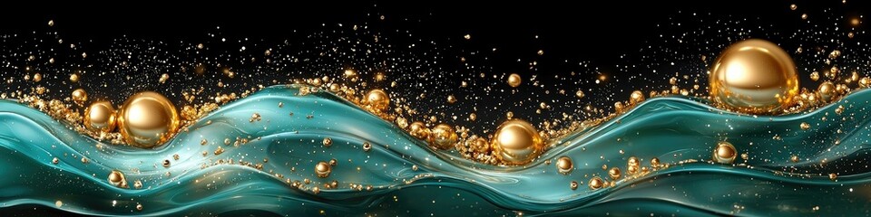Poster - Teal wave with golden spheres.