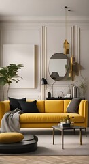 Wall Mural - Modern interior design of scandinavian apartment living room with yellow sofa sideboard and black armchair 3d animation rendering 4K vertical