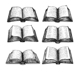 Wall Mural - open ancient book engraving vector set. tome old manuscript antique historic writings, aged vintage 