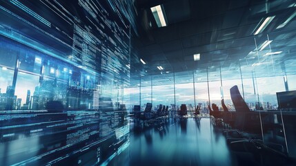 Poster - Digital Metropolis: A futuristic office space where technology and urban landscapes intertwine, showcasing innovation and progress.