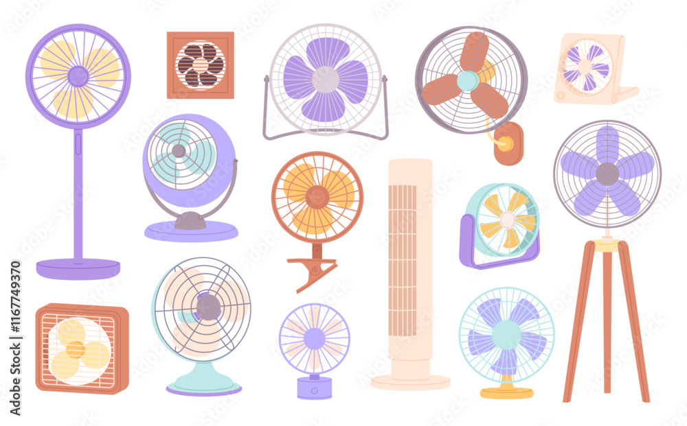 Electric fans. Isolated cartoon plastic fan for cooling temperature ...
