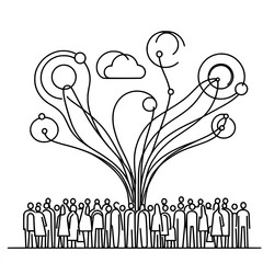 Poster - Collaborative innovation and cloud-based network society illustration, single line vector outline drawing