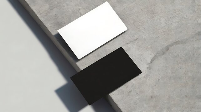 Blank white and black business card is isolated on grey color concrete edge is ready to be mocked-up.