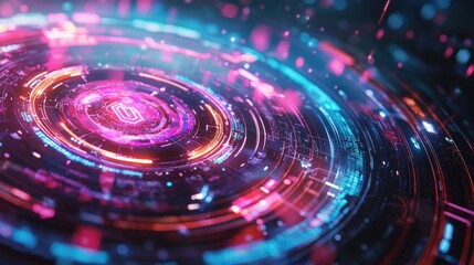 Poster - Abstract Futuristic Digital Interface: Neon Circles and Glowing Technology