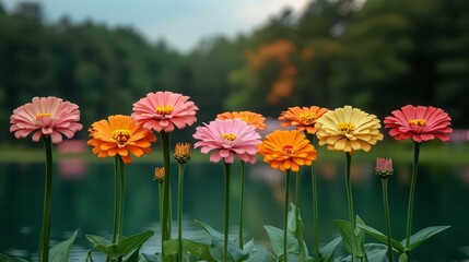 Sticker - Colorful zinnias blooming near calm water.