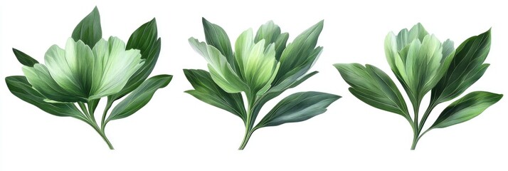 collection of lush green peony foliage against a crisp white backdrop