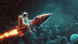 © grape_vein - Astronaut riding a vintage rocket through a colorful starry space landscape at night