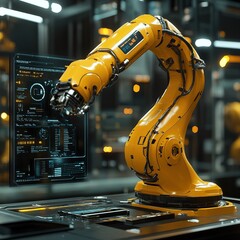 Poster - Robotic arm operation in high-tech factory industrial environment futuristic perspective automation concepts