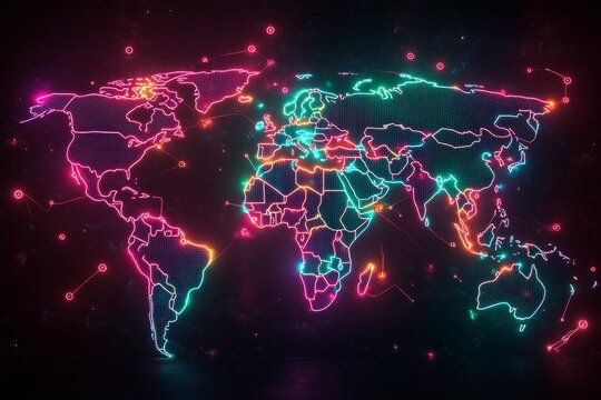 Neon World Map Digital Art Global Network Connections Futuristic Technology Illustration Vibrant Pink Green Blue Colors Abstract Background Graphic   