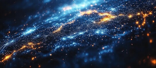 Poster - Abstract digital network, glowing particles and lines.