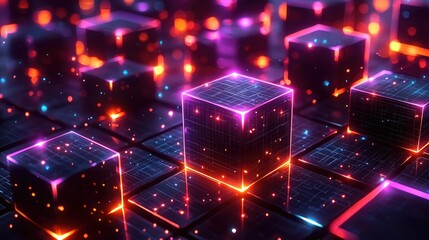Poster - Abstract glowing cubes with circuit lines, digital data concept.