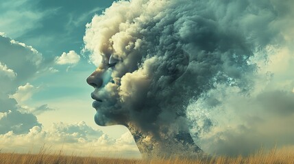 Surreal cloudy face portrait dreamy landscape digital art atmospheric environment close-up view imagination concept