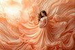 © grape_vein - Elegance in peach: a pregnant woman surrounded by flowing fabric in a serene, artistic setting