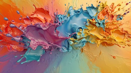 A vibrant 3D-rendered abstract composition featuring multicolored splashes of paint, smooth and beveled fluid forms, on a soft gradient background 