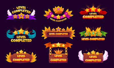Leinwandbilder - Game level complete. Completed gaming map or victory win achievement ui badges, stars on board or ribbon levels score interface button winner bar cartoon swanky vector illustration