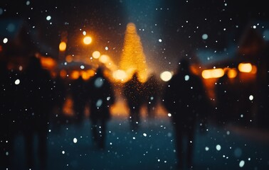 Wall Mural - Christmas market at twilight with blurred lights, featuring a reflective, shiny decoration backdrop. Stock photo.