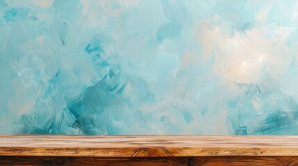 Poster - Wooden table against a light blue textured wall.