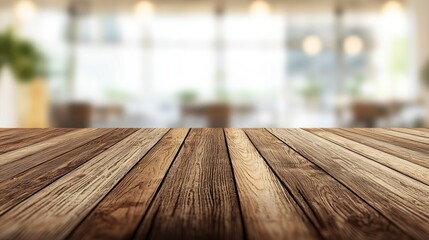 Poster - Wooden table top in blurry cafe background.