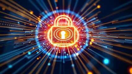 Aufkleber - Digital Security Lock Symbol with Glowing Orange Light Effect. Cybersecurity and Data Protection Visualization. Dynamic Technology Background with Light Trails and Copy Space