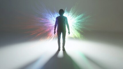 Wall Mural - a silhouetted figure surrounded by colorful bursts of light, symbolizing energy and creativity.